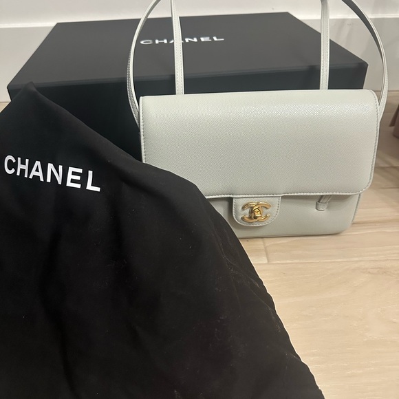 CHANEL Light green/grey Leather Shoulder Bag with Gold Logo - Picture 3 of 10